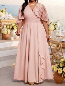 SHEIN Lady Plus Size Elegant Curve Party Formal Christening Guest Dates Mother Of The Bride Sequin Patchwork Dress Wedding Dusty Pink Autumn Fall - Coral Pink - View 4