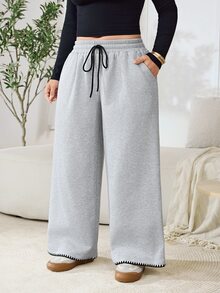 Solflare Plus Size Women's Solid Color Drawstring Waist Casual Daily Wear Long Pants - Grey - View 3
