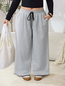 Solflare Plus Size Women's Solid Color Drawstring Waist Casual Daily Wear Long Pants - Grey - View 4