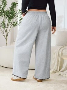 Solflare Plus Size Women's Solid Color Drawstring Waist Casual Daily Wear Long Pants - Grey - View 2