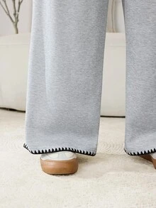 Solflare Plus Size Women's Solid Color Drawstring Waist Casual Daily Wear Long Pants - Grey - View 5