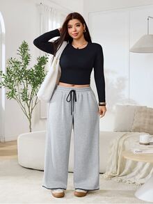 Solflare Plus Size Women's Solid Color Drawstring Waist Casual Daily Wear Long Pants - Grey - View 6