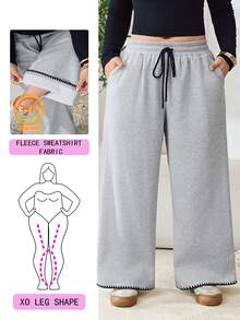 Solflare Plus Size Women's Solid Color Drawstring Waist Casual Daily Wear Long Pants - Grey - View 1