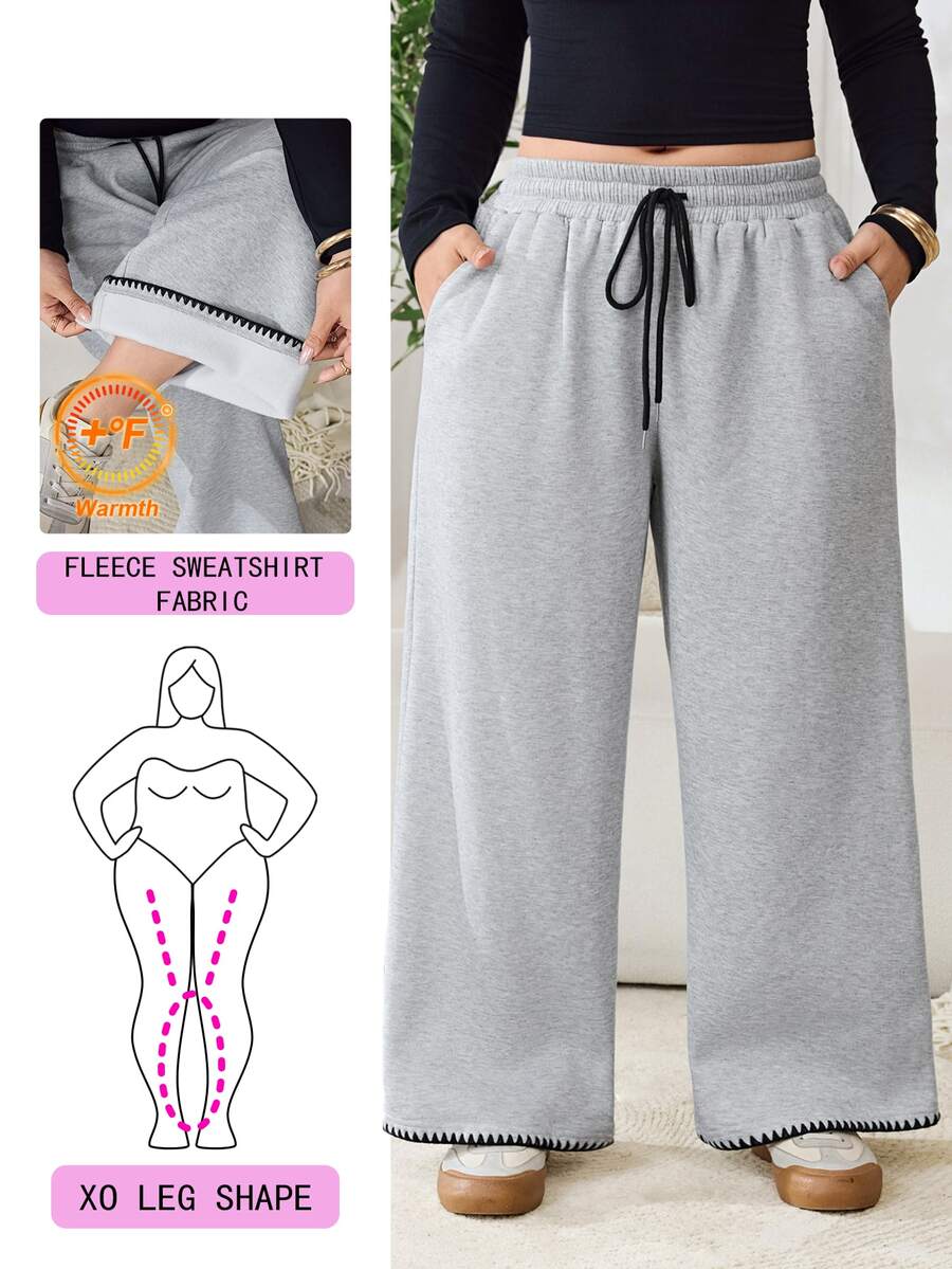 Solflare Plus Size Women's Solid Color Drawstring Waist Casual Daily Wear Long Pants - Grey - View 1
