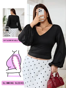 Solflare Plus Size Women Solid Color V-Neck Casual Daily Long Sleeve T-Shirt - Black - View 2