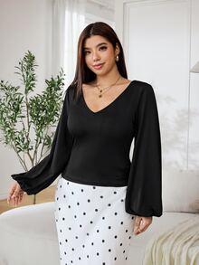Solflare Plus Size Women Solid Color V-Neck Casual Daily Long Sleeve T-Shirt - Black - View 4
