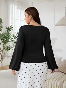Solflare Plus Size Women Solid Color V-Neck Casual Daily Long Sleeve T-Shirt - Black - View 3