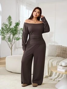 Solflare Plus Size Women Solid Color Pleated Long Sleeve Top And Pants Casual Daily 2 Pieces Set - Coffee Brown - View 4