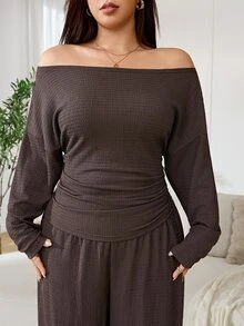 Solflare Plus Size Women Solid Color Pleated Long Sleeve Top And Pants Casual Daily 2 Pieces Set - Coffee Brown - View 6