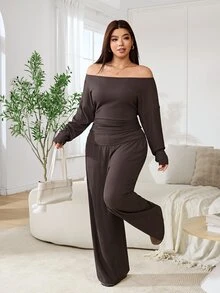 Solflare Plus Size Women Solid Color Pleated Long Sleeve Top And Pants Casual Daily 2 Pieces Set - Coffee Brown - View 5