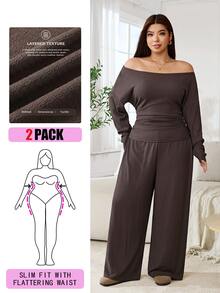 Solflare Plus Size Women Solid Color Pleated Long Sleeve Top And Pants Casual Daily 2 Pieces Set - Coffee Brown - View 1