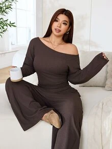 Solflare Plus Size Women Solid Color Pleated Long Sleeve Top And Pants Casual Daily 2 Pieces Set - Coffee Brown - View 7