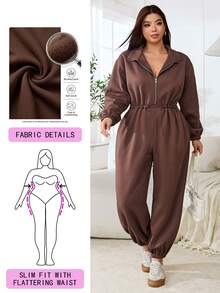 Solflare Plus Size Women Solid Color Pleated Casual Daily Wear Jumpsuit - Coffee Brown - View 1