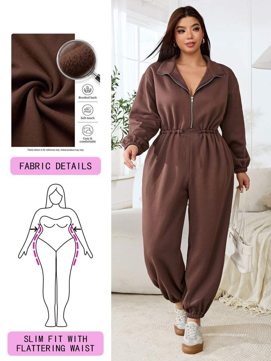 Solflare Plus Size Women Solid Color Pleated Casual Daily Wear Jumpsuit - Coffee Brown - View 1