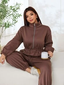 Solflare Plus Size Women Solid Color Pleated Casual Daily Wear Jumpsuit - Coffee Brown - View 6