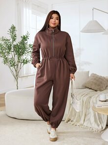 Solflare Plus Size Women Solid Color Pleated Casual Daily Wear Jumpsuit - Coffee Brown - View 4