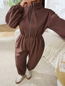 Solflare Plus Size Women Solid Color Pleated Casual Daily Wear Jumpsuit - Coffee Brown - View 5