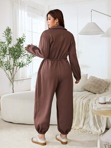 Solflare Plus Size Women Solid Color Pleated Casual Daily Wear Jumpsuit - Coffee Brown - View 2