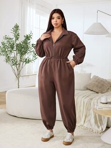Solflare Plus Size Women Solid Color Pleated Casual Daily Wear Jumpsuit - Coffee Brown - View 3