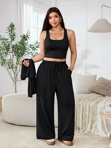 Solflare Plus Size Women Solid Color Long Sleeve Top And Pants Casual Daily 2 Pieces Set Fall - Black - View 5