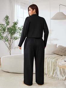 Solflare Plus Size Women Solid Color Long Sleeve Top And Pants Casual Daily 2 Pieces Set Fall - Black - View 2