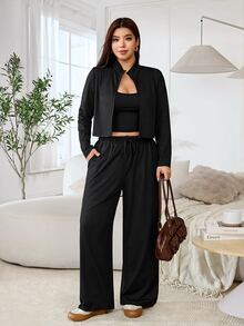 Solflare Plus Size Women Solid Color Long Sleeve Top And Pants Casual Daily 2 Pieces Set Fall - Black - View 4