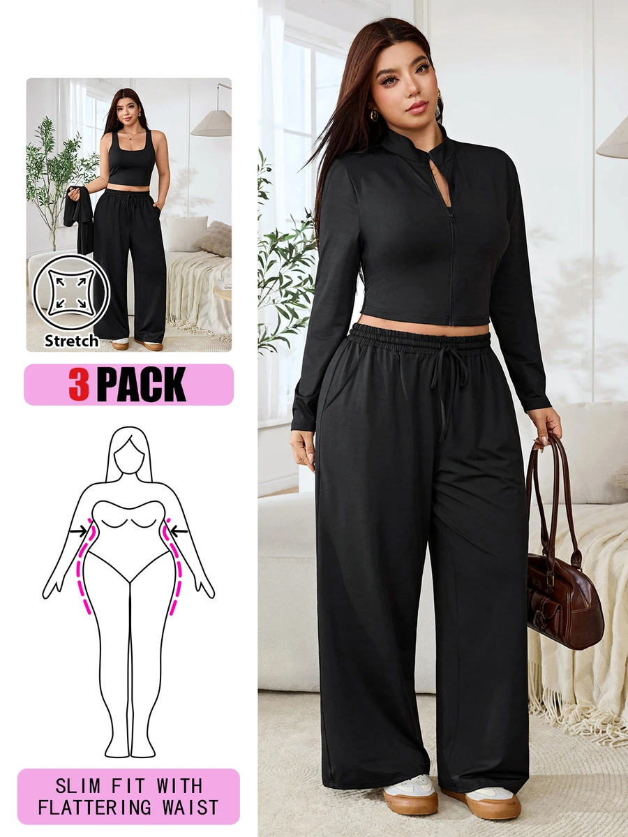 Solflare Plus Size Women Solid Color Long Sleeve Top And Pants Casual Daily 2 Pieces Set Fall - Black - View 1