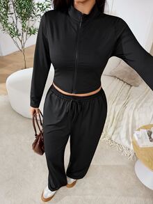 Solflare Plus Size Women Solid Color Long Sleeve Top And Pants Casual Daily 2 Pieces Set Fall - Black - View 6