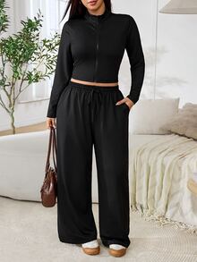 Solflare Plus Size Women Solid Color Long Sleeve Top And Pants Casual Daily 2 Pieces Set Fall - Black - View 3