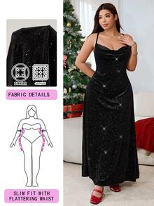 Solflare Plus Size Women Solid Color Shiny Cowl Neck Elegant Spaghetti Strap Dress - Black - View 2