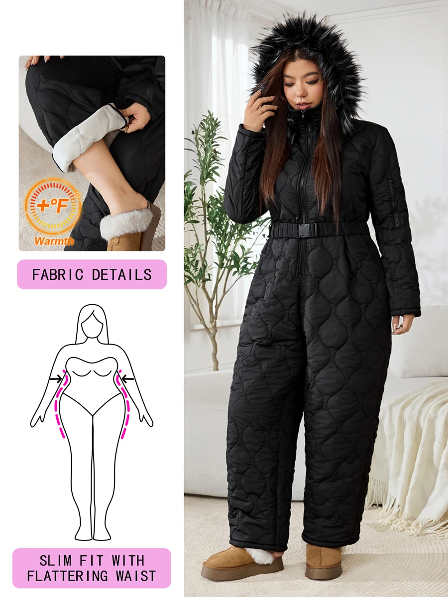 Solflare Plus Size Women's Solid Color Long Sleeve Zip-Up Hooded Jumpsuit
