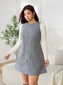 Solflare Plus Size Women's Button Design Round Neck Casual Sleeveless Dress - Multicolor - View 7