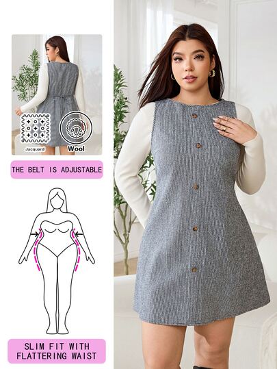 Solflare Plus Size Women's Button Design Round Neck Casual Sleeveless Dress