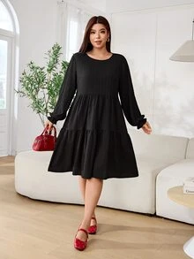 Solflare Plus Size Minimalist Textured Long Sleeve Ruched Dress Fall - Black - View 5