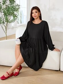 Solflare Plus Size Minimalist Textured Long Sleeve Ruched Dress Fall - Black - View 6