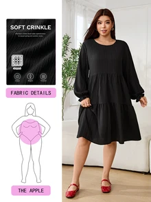Solflare Plus Size Minimalist Textured Long Sleeve Ruched Dress Fall - Black - View 1