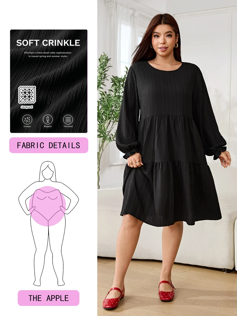 Solflare Plus Size Minimalist Textured Long Sleeve Ruched Dress Fall - Black - View 1