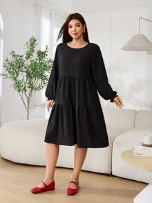 Solflare Plus Size Minimalist Textured Long Sleeve Ruched Dress Fall - Black - View 3