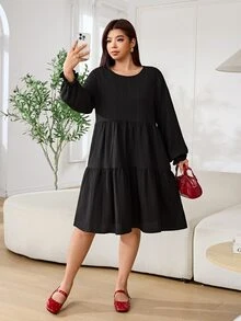 Solflare Plus Size Minimalist Textured Long Sleeve Ruched Dress Fall - Black - View 4