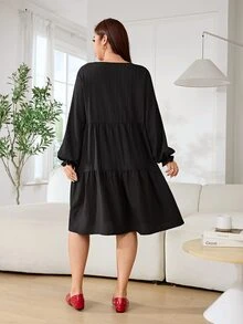Solflare Plus Size Minimalist Textured Long Sleeve Ruched Dress Fall - Black - View 2