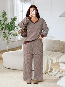 Solflare 大尺碼女款 V 領條紋長袖上衣與長褲休閒日常兩件套 - 彩色 - 查看 5