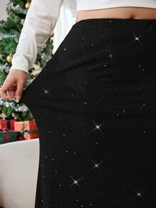 Solflare 大尺碼女款純色彈性腰亮面時尚魚尾裙 - 黑色 - 查看 7