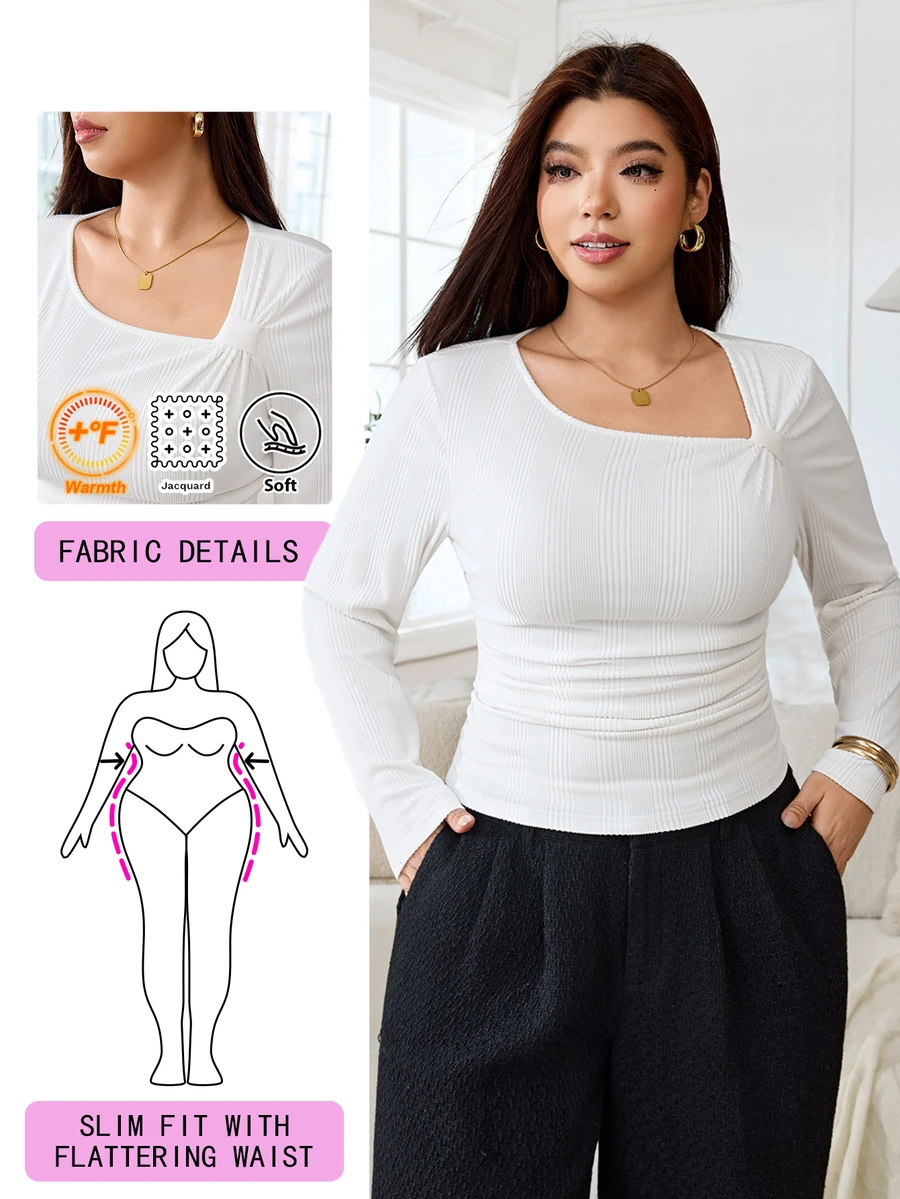 Solflare Plus Size Women's Solid Color Ruched Slim Fit Versatile Daily Casual Long Sleeve T-Shirt - White - View 1