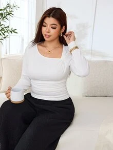 Solflare Plus Size Women's Solid Color Ruched Slim Fit Versatile Daily Casual Long Sleeve T-Shirt - White - View 8
