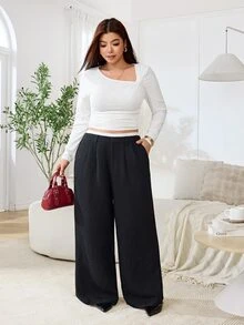 Solflare Plus Size Women's Solid Color Ruched Slim Fit Versatile Daily Casual Long Sleeve T-Shirt - White - View 7