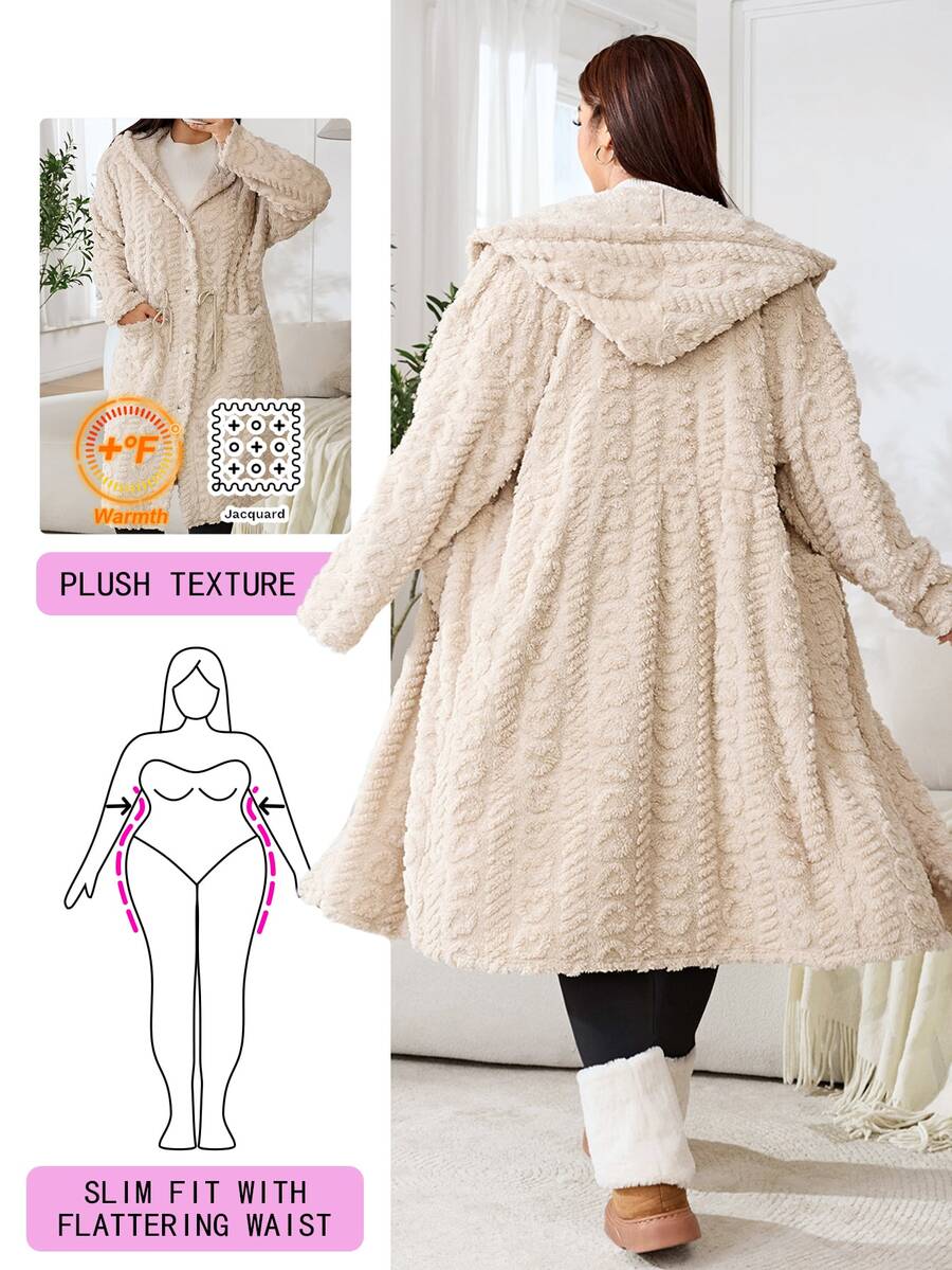 Solflare Plus Size Comfortable Button Long Sleeve Pocket Hooded Jacket - Camel - View 1