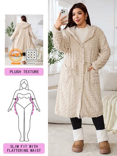 Solflare Plus Size Comfortable Button Long Sleeve Pocket Hooded Jacket