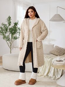 Solflare Plus Size Comfortable Button Long Sleeve Pocket Hooded Jacket - Camel - View 4