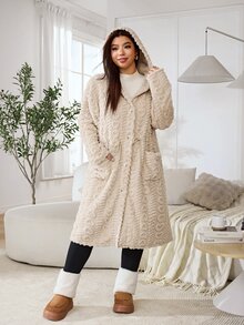 Solflare Plus Size Comfortable Button Long Sleeve Pocket Hooded Jacket - Camel - View 6