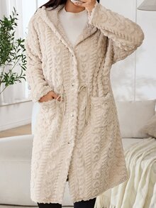 Solflare Plus Size Comfortable Button Long Sleeve Pocket Hooded Jacket - Camel - View 8
